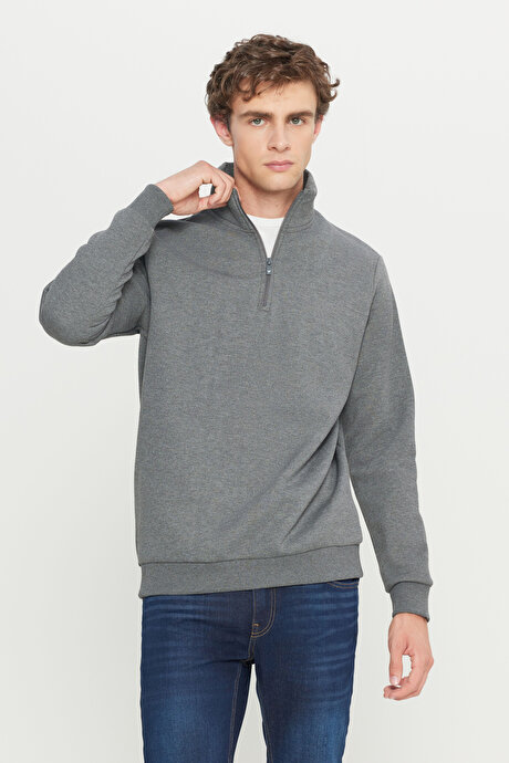 Standart Fit Normal Kesim İçi Polarlı Bato Yaka Pamuklu Antrasit-Melanj Sweatshirt resmi