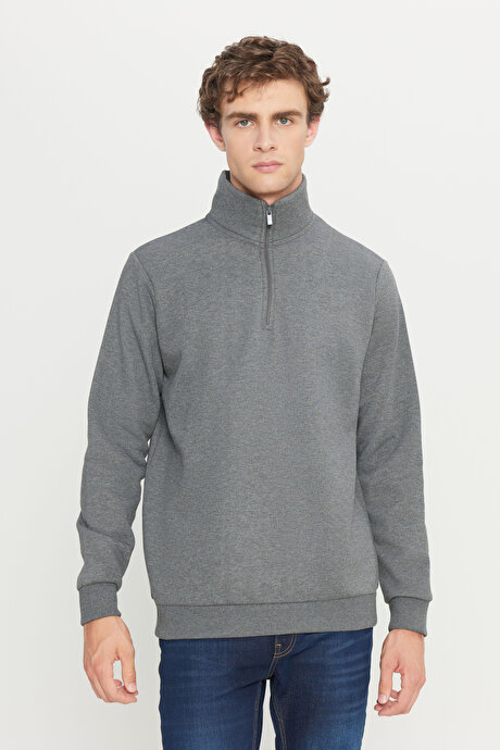 Standart Fit Normal Kesim İçi Polarlı Bato Yaka Pamuklu Antrasit-Melanj Sweatshirt resmi