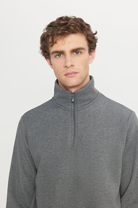 Standart Fit Normal Kesim İçi Polarlı Bato Yaka Pamuklu Antrasit-Melanj Sweatshirt resmi