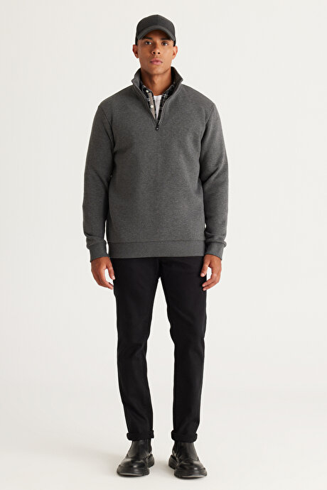 Standart Fit Normal Kesim İçi Polarlı Bato Yaka Pamuklu Antrasit-Melanj Sweatshirt resmi