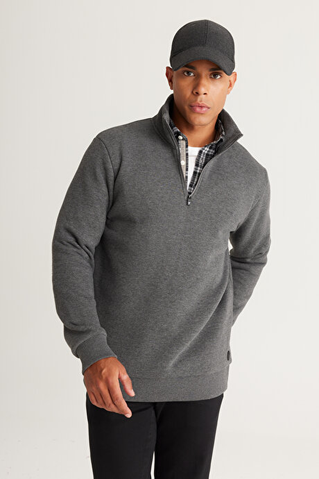 Standart Fit Normal Kesim İçi Polarlı Bato Yaka Pamuklu Antrasit-Melanj Sweatshirt resmi