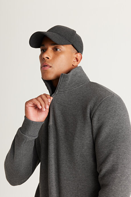 Standart Fit Normal Kesim İçi Polarlı Bato Yaka Pamuklu Antrasit-Melanj Sweatshirt resmi