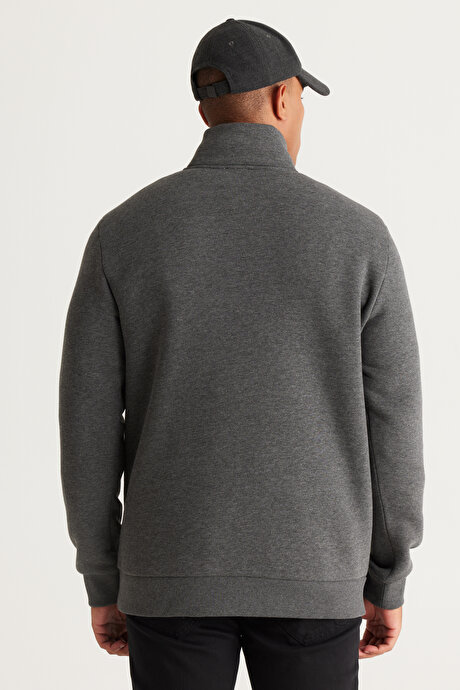 Standart Fit Normal Kesim İçi Polarlı Bato Yaka Pamuklu Antrasit-Melanj Sweatshirt resmi