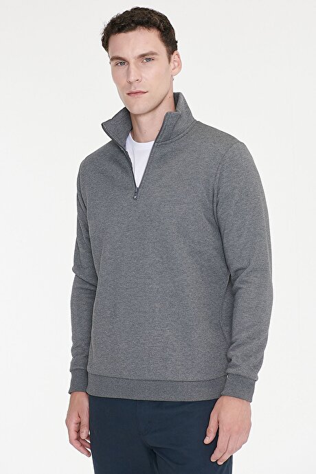 Standart Fit Normal Kesim İçi Polarlı Bato Yaka Pamuklu Antrasit-Melanj Sweatshirt resmi