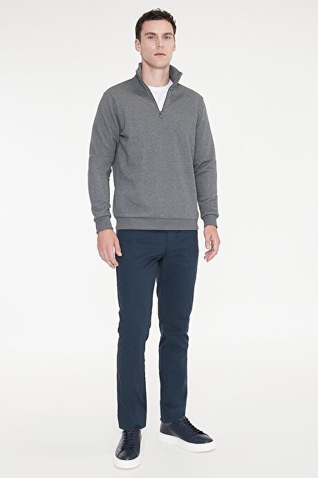 Standart Fit Normal Kesim İçi Polarlı Bato Yaka Pamuklu Antrasit-Melanj Sweatshirt resmi