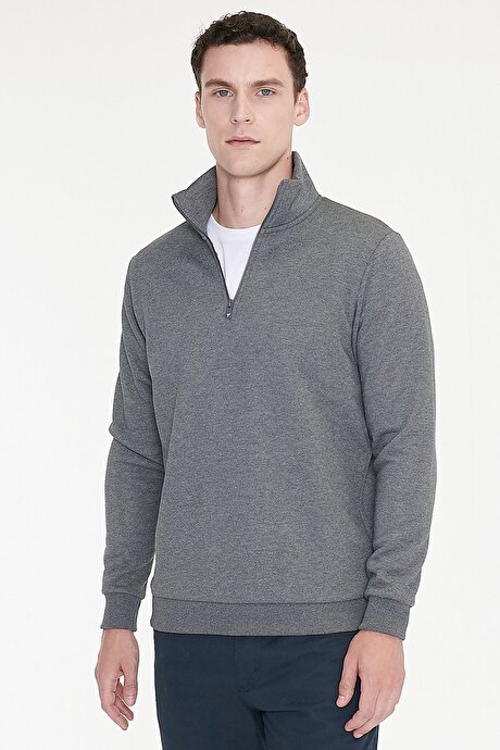 Standart Fit Normal Kesim İçi Polarlı Bato Yaka Pamuklu Antrasit-Melanj Sweatshirt resmi