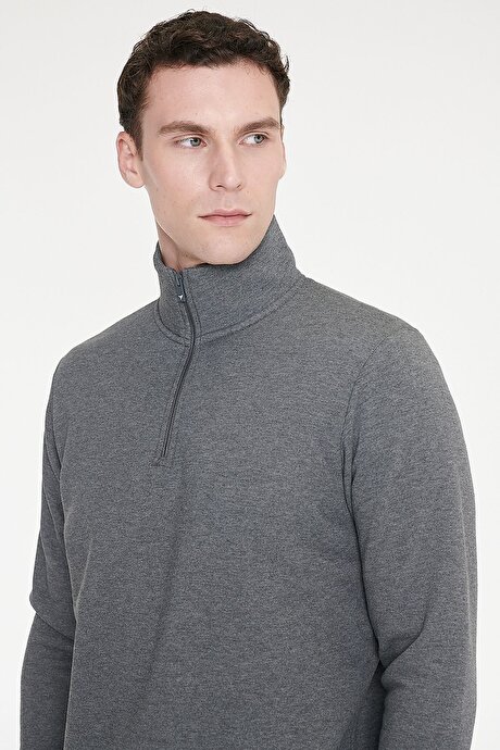 Standart Fit Normal Kesim İçi Polarlı Bato Yaka Pamuklu Antrasit-Melanj Sweatshirt resmi
