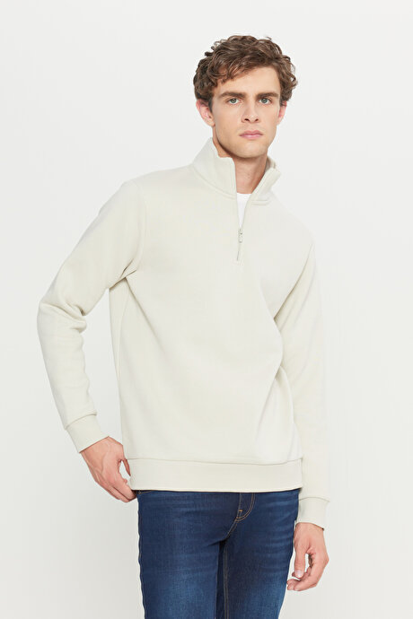 Standart Fit Normal Kesim İçi Polarlı Bato Yaka Pamuklu Bej Sweatshirt resmi