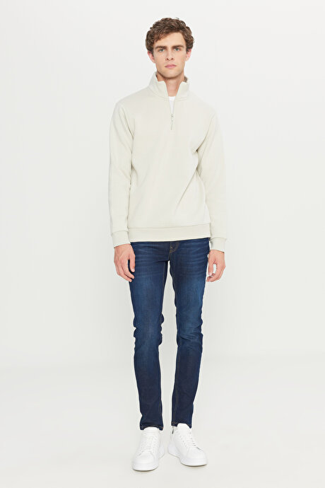 Standart Fit Normal Kesim İçi Polarlı Bato Yaka Pamuklu Bej Sweatshirt resmi