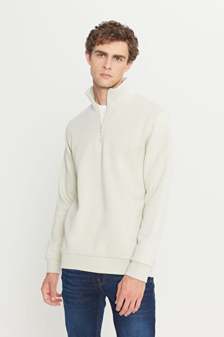 Standart Fit Normal Kesim İçi Polarlı Bato Yaka Pamuklu Bej Sweatshirt resmi