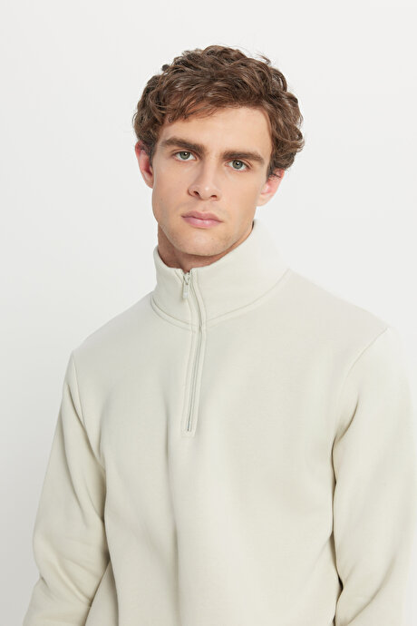 Standart Fit Normal Kesim İçi Polarlı Bato Yaka Pamuklu Bej Sweatshirt resmi
