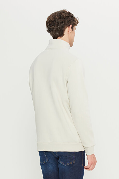 Standart Fit Normal Kesim İçi Polarlı Bato Yaka Pamuklu Bej Sweatshirt resmi