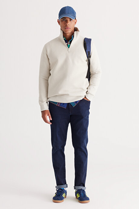 Standart Fit Normal Kesim İçi Polarlı Bato Yaka Pamuklu Bej Sweatshirt resmi