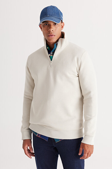 Standart Fit Normal Kesim İçi Polarlı Bato Yaka Pamuklu Bej Sweatshirt resmi
