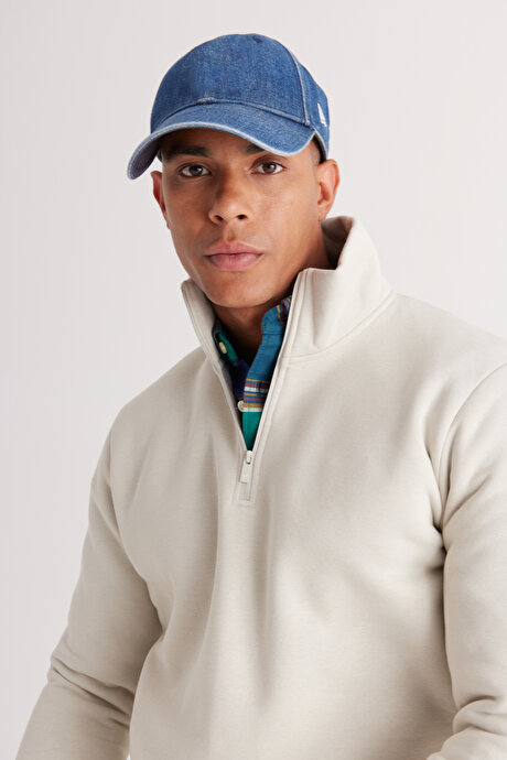 Standart Fit Normal Kesim İçi Polarlı Bato Yaka Pamuklu Bej Sweatshirt resmi