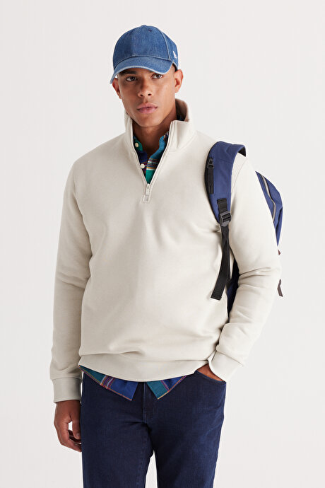 Standart Fit Normal Kesim İçi Polarlı Bato Yaka Pamuklu Bej Sweatshirt resmi