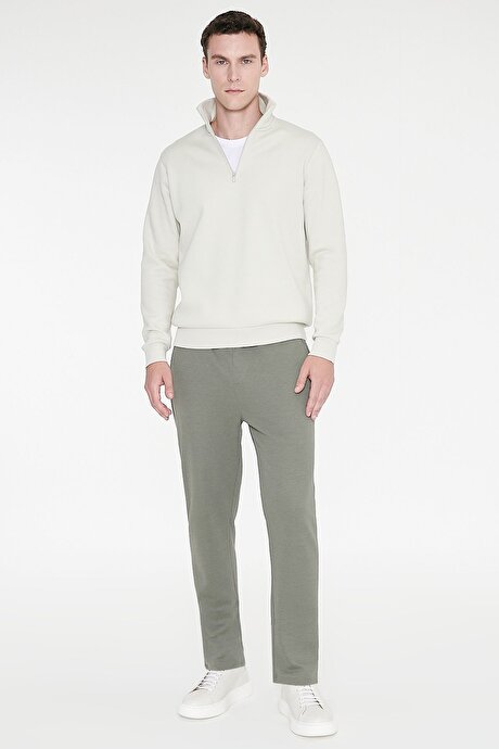 Standart Fit Normal Kesim İçi Polarlı Bato Yaka Pamuklu Bej Sweatshirt resmi