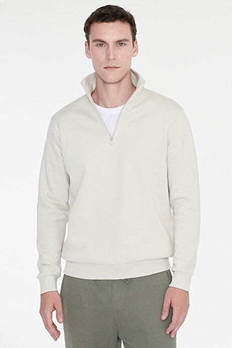 Standart Fit Normal Kesim İçi Polarlı Bato Yaka Pamuklu Bej Sweatshirt resmi