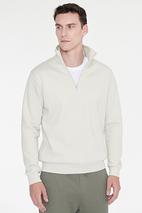Standart Fit Normal Kesim İçi Polarlı Bato Yaka Pamuklu Bej Sweatshirt resmi