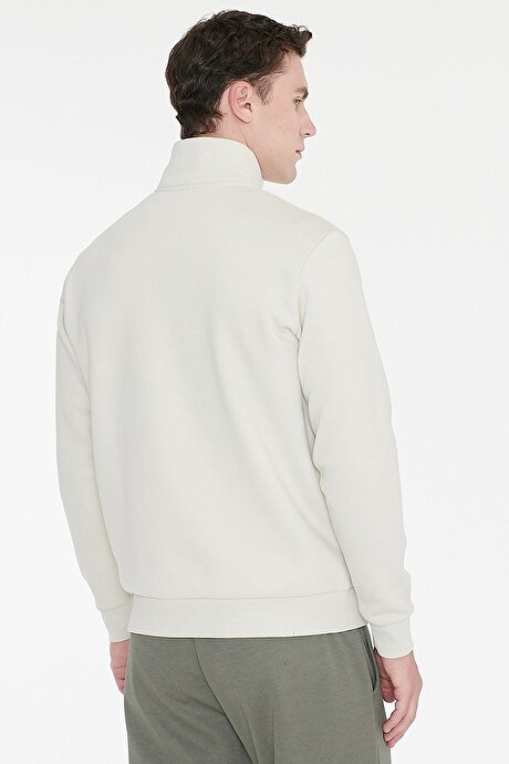 Standart Fit Normal Kesim İçi Polarlı Bato Yaka Pamuklu Bej Sweatshirt resmi