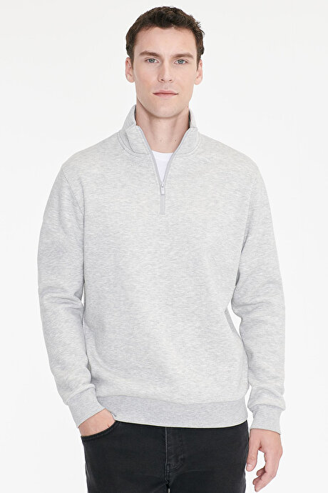 Standart Fit Normal Kesim İçi Polarlı Bato Yaka Pamuklu Gri Melanj Sweatshirt resmi