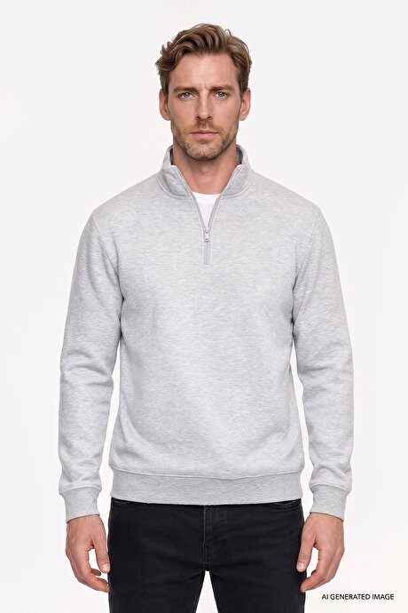 Standart Fit Normal Kesim İçi Polarlı Bato Yaka Pamuklu Gri Melanj Sweatshirt resmi