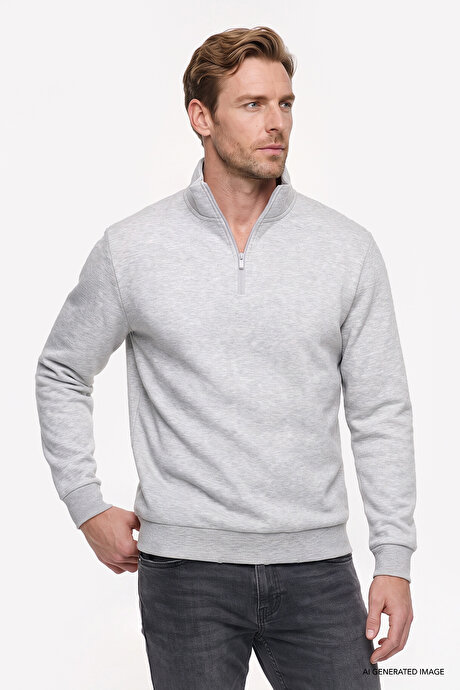Standart Fit Normal Kesim İçi Polarlı Bato Yaka Pamuklu Gri Melanj Sweatshirt resmi