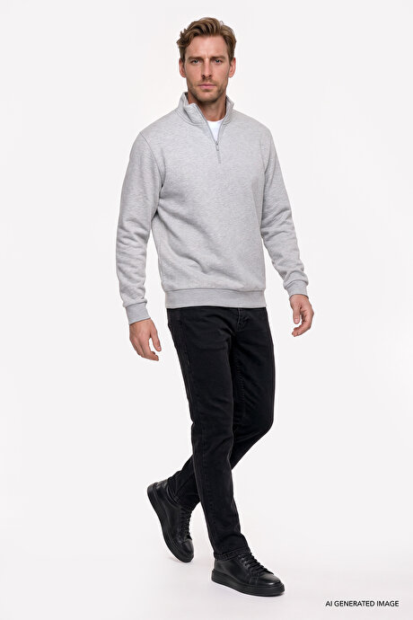Standart Fit Normal Kesim İçi Polarlı Bato Yaka Pamuklu Gri Melanj Sweatshirt resmi