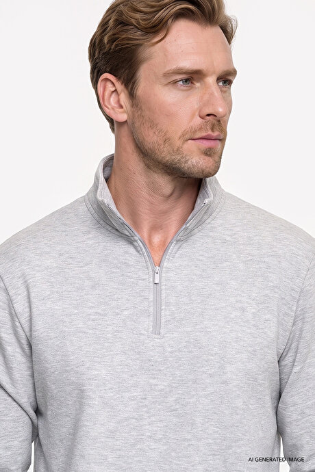 Standart Fit Normal Kesim İçi Polarlı Bato Yaka Pamuklu Gri Melanj Sweatshirt resmi