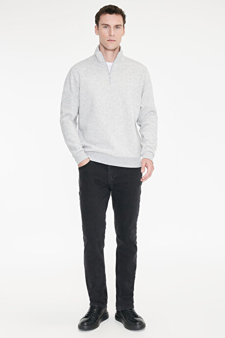 Standart Fit Normal Kesim İçi Polarlı Bato Yaka Pamuklu Gri Melanj Sweatshirt resmi