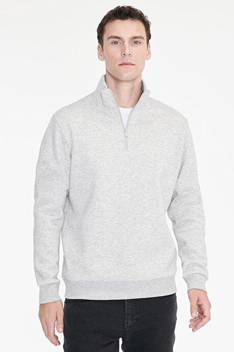 Standart Fit Normal Kesim İçi Polarlı Bato Yaka Pamuklu Gri Melanj Sweatshirt resmi