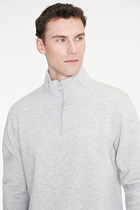 Standart Fit Normal Kesim İçi Polarlı Bato Yaka Pamuklu Gri Melanj Sweatshirt resmi