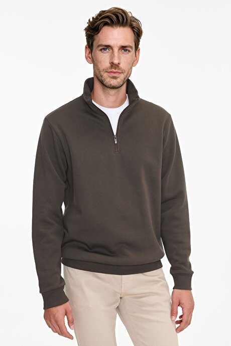 Standart Fit Normal Kesim İçi Polarlı Bato Yaka Pamuklu Kahverengi Sweatshirt resmi