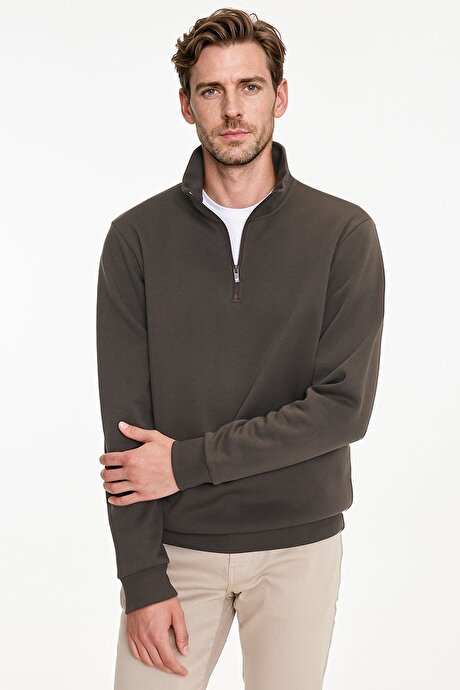 Standart Fit Normal Kesim İçi Polarlı Bato Yaka Pamuklu Kahverengi Sweatshirt resmi