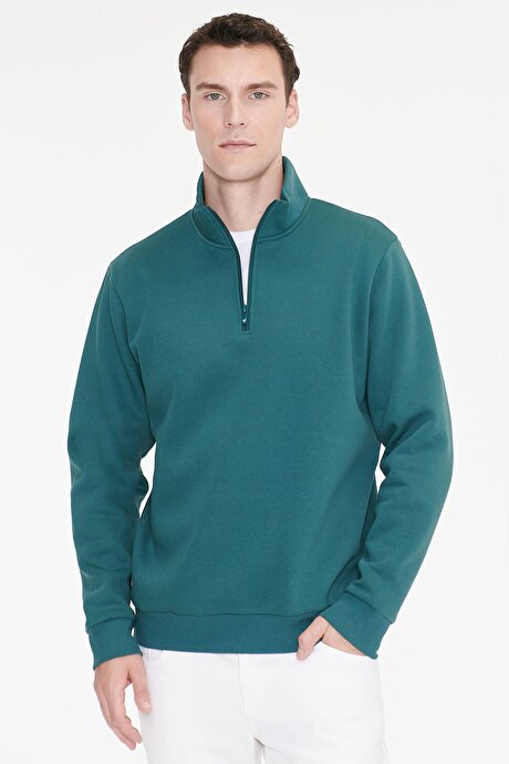 Standart Fit Normal Kesim İçi Polarlı Bato Yaka Pamuklu Koyu Yeşil Sweatshirt resmi