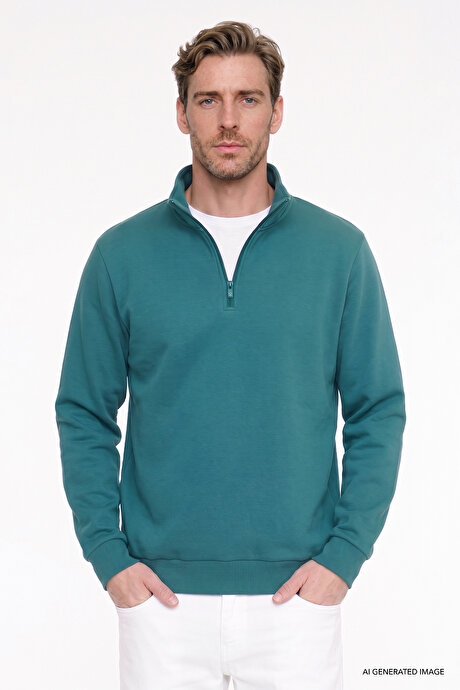 Standart Fit Normal Kesim İçi Polarlı Bato Yaka Pamuklu Koyu Yeşil Sweatshirt resmi