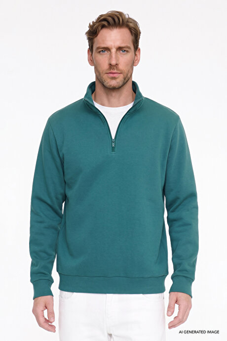 Standart Fit Normal Kesim İçi Polarlı Bato Yaka Pamuklu Koyu Yeşil Sweatshirt resmi