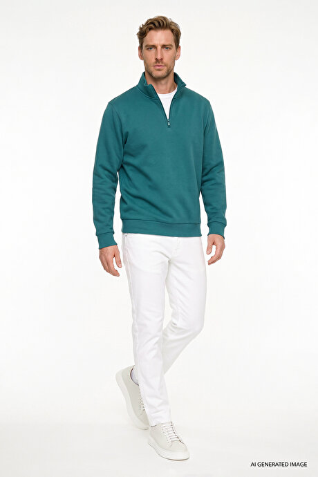 Standart Fit Normal Kesim İçi Polarlı Bato Yaka Pamuklu Koyu Yeşil Sweatshirt resmi