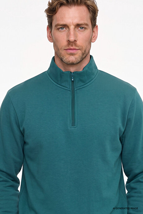 Standart Fit Normal Kesim İçi Polarlı Bato Yaka Pamuklu Koyu Yeşil Sweatshirt resmi