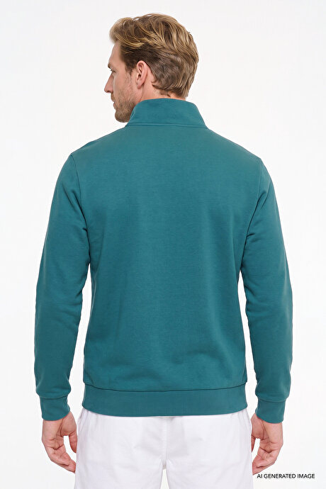 Standart Fit Normal Kesim İçi Polarlı Bato Yaka Pamuklu Koyu Yeşil Sweatshirt resmi