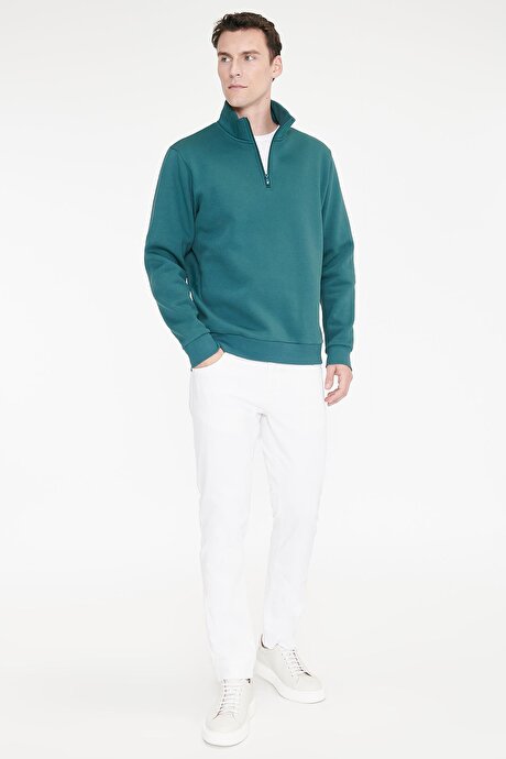Standart Fit Normal Kesim İçi Polarlı Bato Yaka Pamuklu Koyu Yeşil Sweatshirt resmi