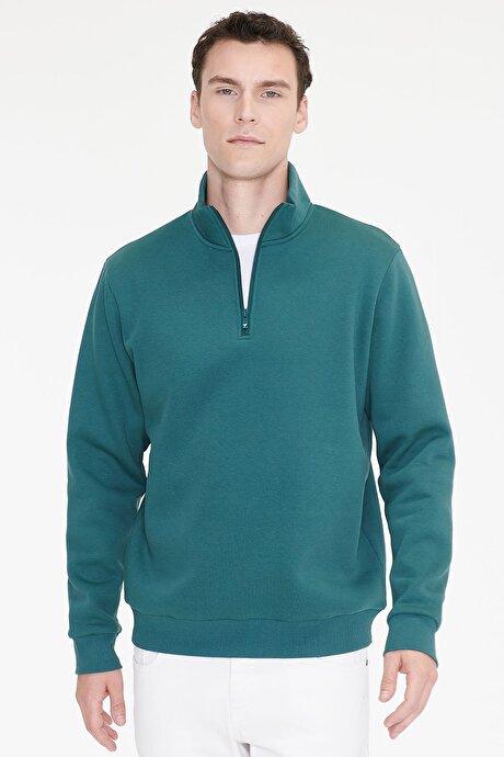 Standart Fit Normal Kesim İçi Polarlı Bato Yaka Pamuklu Koyu Yeşil Sweatshirt resmi