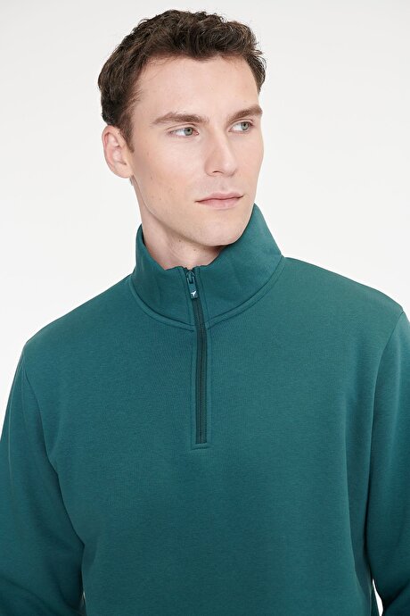 Standart Fit Normal Kesim İçi Polarlı Bato Yaka Pamuklu Koyu Yeşil Sweatshirt resmi