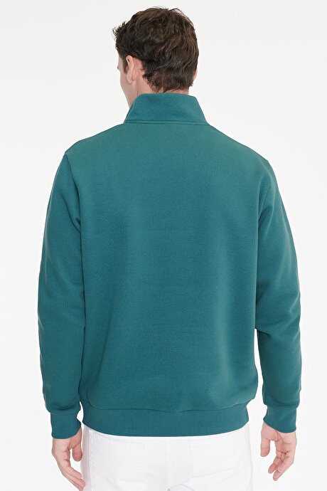 Standart Fit Normal Kesim İçi Polarlı Bato Yaka Pamuklu Koyu Yeşil Sweatshirt resmi