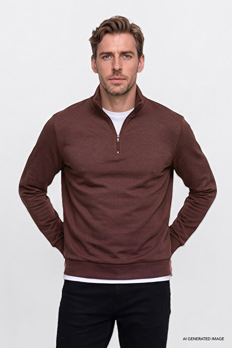 Standart Fit Normal Kesim İçi Polarlı Bato Yaka Pamuklu Tarçın Sweatshirt resmi