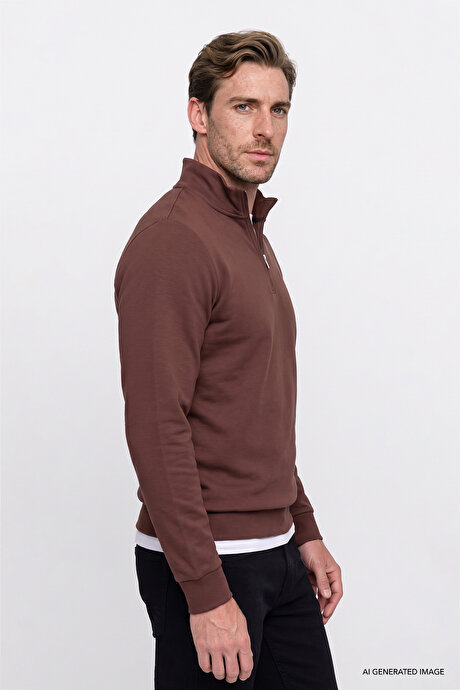 Standart Fit Normal Kesim İçi Polarlı Bato Yaka Pamuklu Tarçın Sweatshirt resmi