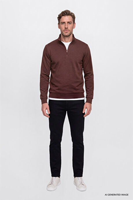 Standart Fit Normal Kesim İçi Polarlı Bato Yaka Pamuklu Tarçın Sweatshirt resmi