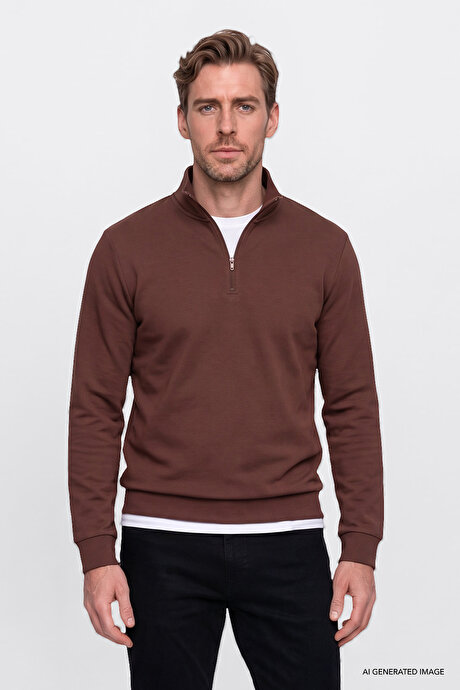 Standart Fit Normal Kesim İçi Polarlı Bato Yaka Pamuklu Tarçın Sweatshirt resmi