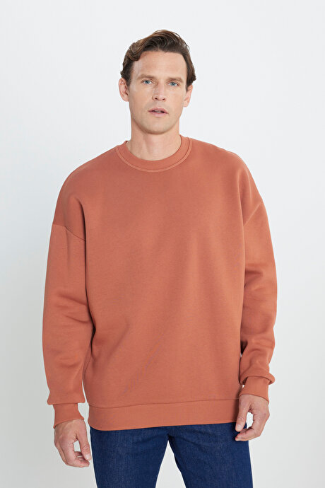 Oversize Bol Kesim İçi Polarlı 3 İplik Bisiklet Yaka Pamuklu Açık Kahve Sweatshirt resmi