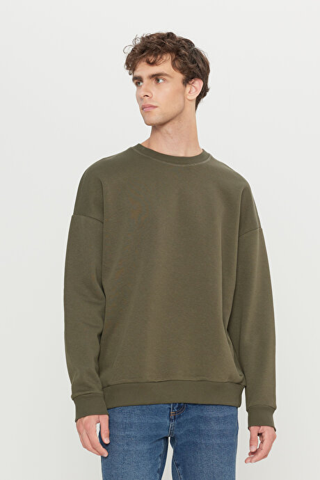 Oversize Bol Kesim İçi Polarlı 3 İplik Bisiklet Yaka Pamuklu Haki Sweatshirt resmi